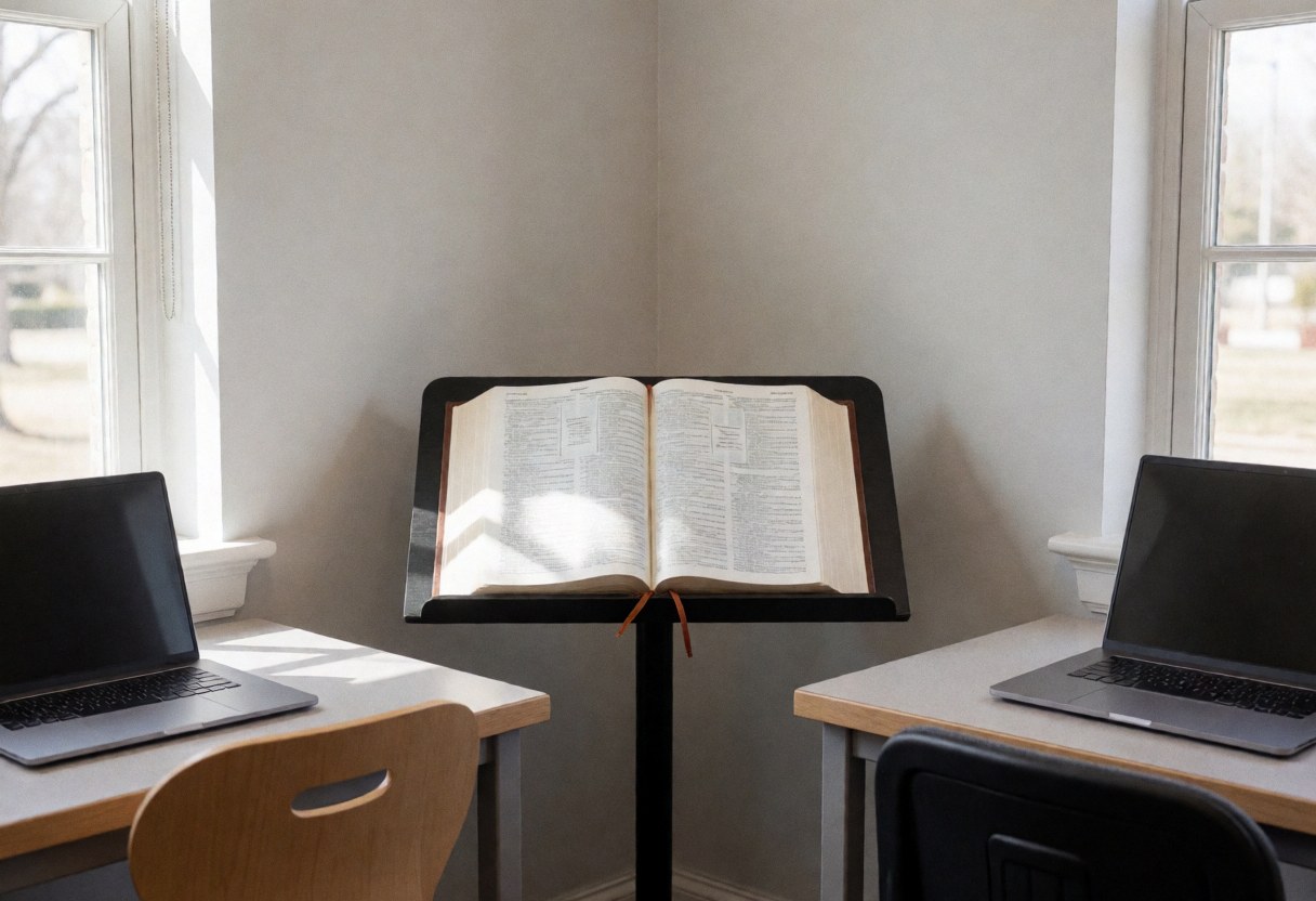 Un livre bilingue ouvert sur un support central, deux ordinateurs portables sur des tables, éclairage naturel, murs gris clair, ambiance calme pour étudier l'espagnol.