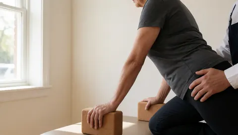 Cliente en position de yoga utilisant des blocs de liège, assistance d'un professionnel, lumière naturelle et murs clairs, idéal pour un centre de formation personnelle.