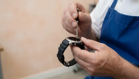 Technicien en train de réparer une montre numérique avec un tournevis dans un atelier aux murs de terre cuite.
