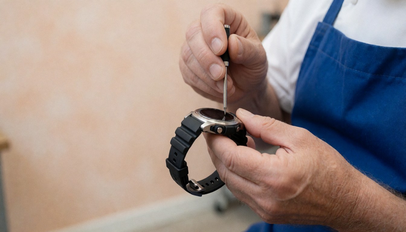Technicien en train de réparer une montre numérique avec un tournevis dans un atelier aux murs de terre cuite.