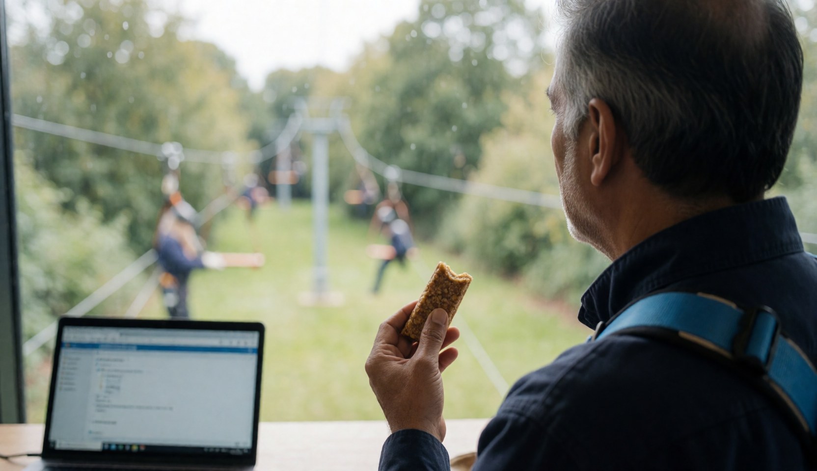 Un homme portant un harnais bleu observe le tyrolienne depuis une fenêtre tout en tenant une barre énergétique, avec un ordinateur portable sur la table, idéal pour une page d'accueil de parc d'aventure.