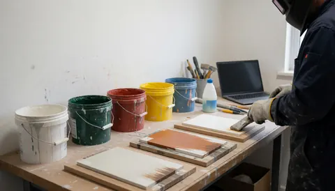 Professionnel appliquant de la peinture sur des échantillons posés sur des panneaux, avec des seaux de couleurs et un ordinateur portable sur la table de travail.