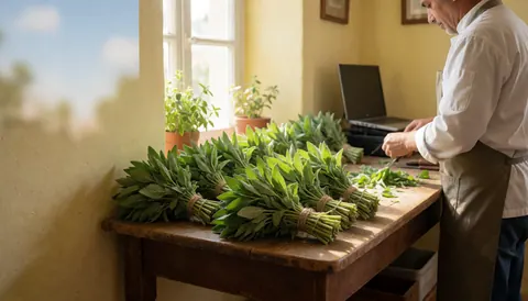 Un professionnel prépare des branches de rue sur une table en bois éclairée par la lumière naturelle dans un local aux murs jaunes clairs.