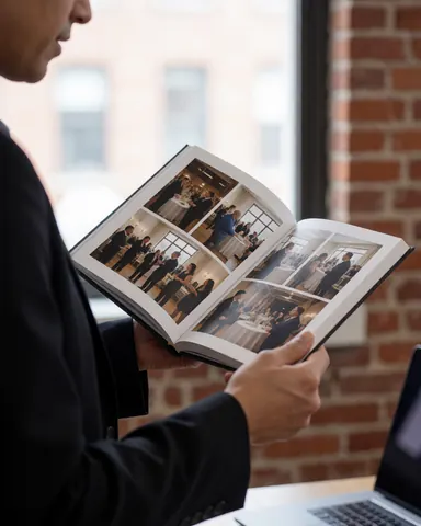 Une cliente consulte un album photo d'événement dans un bureau avec un mur en briques, visualisant des images d'une réception.