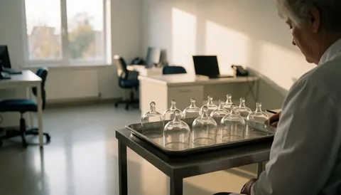 Un professionnel de la santé réalise un massage avec des ventouses dans un environnement clinique lumineux et propre.