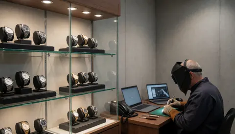Un homme avec un masque de soudage travaille à une table avec des ordinateurs, face à des vitrines contenant des montres de luxe dans un atelier d'horlogerie.