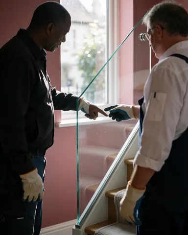 Deux ouvriers installent une rambarde en verre sur un escalier intérieur, mettant en évidence la fixation métallique et la lumière naturelle.