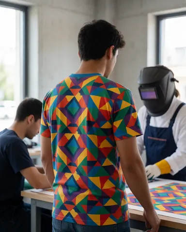 Une cliente teste un t-shirt imprimé dans un atelier de textile avec lumière naturelle et murs en béton.