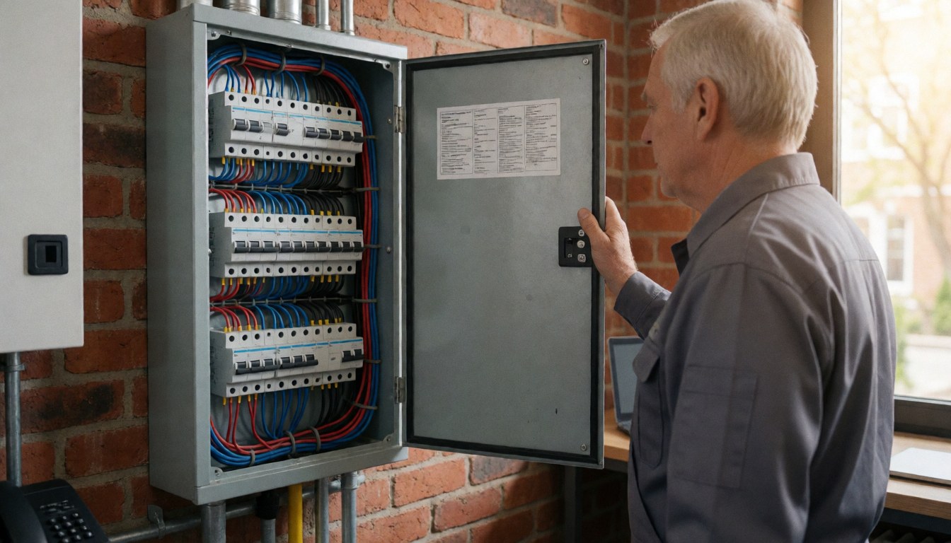 Un électricien examine un panneau électrique ouvert avec des câbles organisés sur un mur en briques, illustrant un service de maintenance résidentiel.