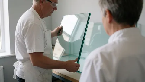 Un artisan verrier équipé de lunettes de sécurité tient un grand panneau de verre pendant qu'un client l'observe dans un atelier.