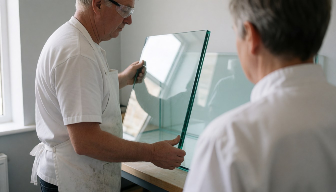Un artisan verrier équipé de lunettes de sécurité tient un grand panneau de verre pendant qu'un client l'observe dans un atelier.