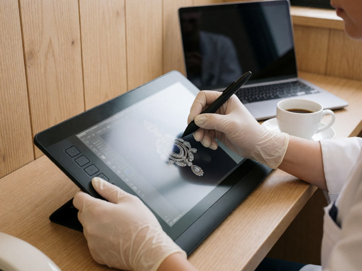 Mains portant des gants en nitrile retouchant un bijou sur une tablette graphique, avec une tasse de café et des murs en bois clair.