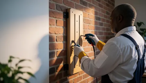 Un professionnel installe un panneau d'escalade sur un mur de briques avec des outils, éclairé par la lumière du coucher de soleil, dans le cadre d'une classe d'escalade.