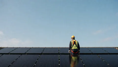 Un technicien en gilet et casque de sécurité examine des panneaux solaires sur un toit par ciel clair, adapté à une entreprise de réparation solaire.