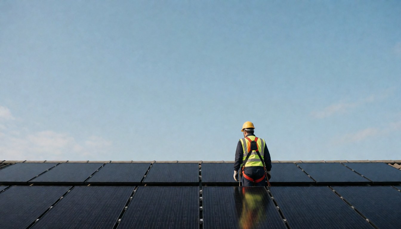 Un technicien en gilet et casque de sécurité examine des panneaux solaires sur un toit par ciel clair, adapté à une entreprise de réparation solaire.