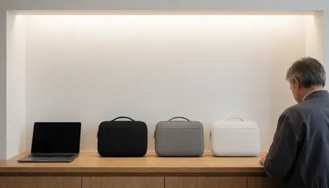 Un homme observe des housses noires, grises et blanches pour ordinateur portable sur un comptoir en bois dans un magasin moderne.