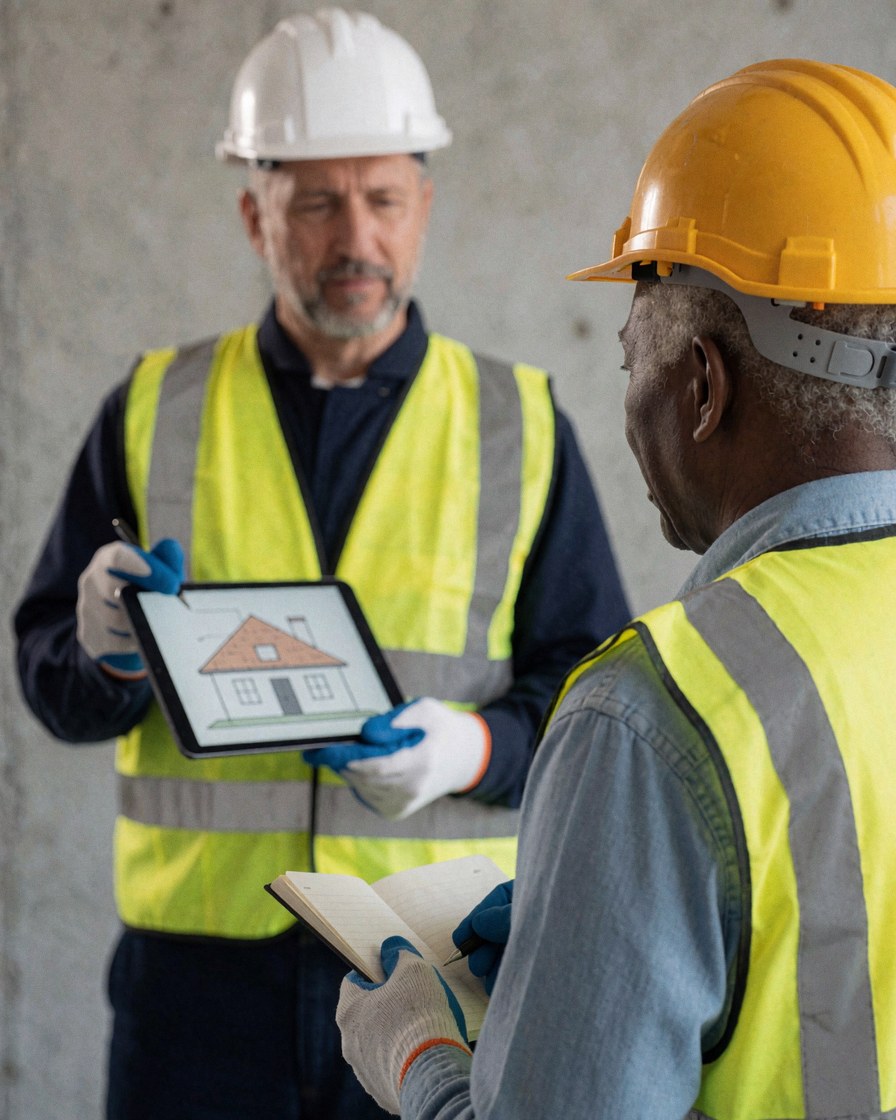 Inspecteur de toiture tenant une tablette et expliquant à un client un document dans un classeur devant un mur en béton.