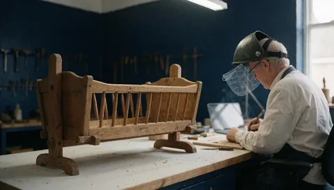 Un restaurateur de meubles anciens travaille sur une ancienne crosse en bois dans son atelier aux murs bleus avec des outils visibles.