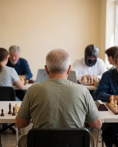 Un client adulte concentré sur un puzzle d'échecs dans une école, avec des échiquiers et des pièces visibles en premier plan.