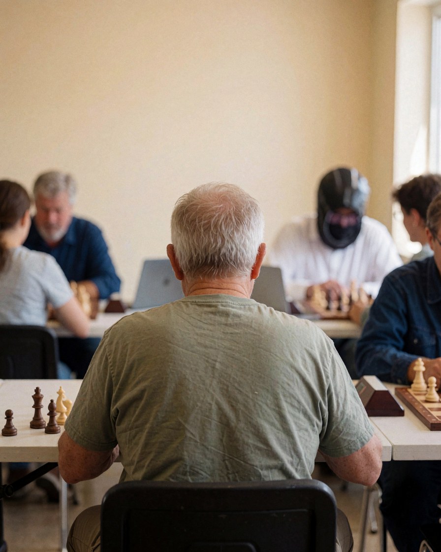 Un client adulte concentré sur un puzzle d'échecs dans une école, avec des échiquiers et des pièces visibles en premier plan.