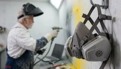 Masque respirant gris suspendu au mur, homme avec casque et gants peignant un mur dans un atelier de carrosserie automobile.