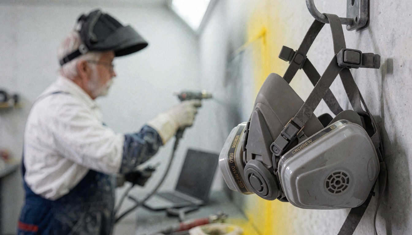 Masque respirant gris suspendu au mur, homme avec casque et gants peignant un mur dans un atelier de carrosserie automobile.