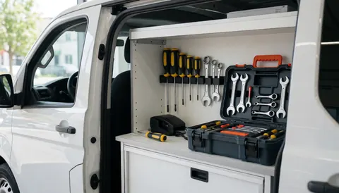 Intérieur d'une camionnette blanche avec des outils de réparation rangés sur des étagères et dans des boîtes, éclairés par la lumière naturelle, idéal pour les services de réparation d'imprimantes.