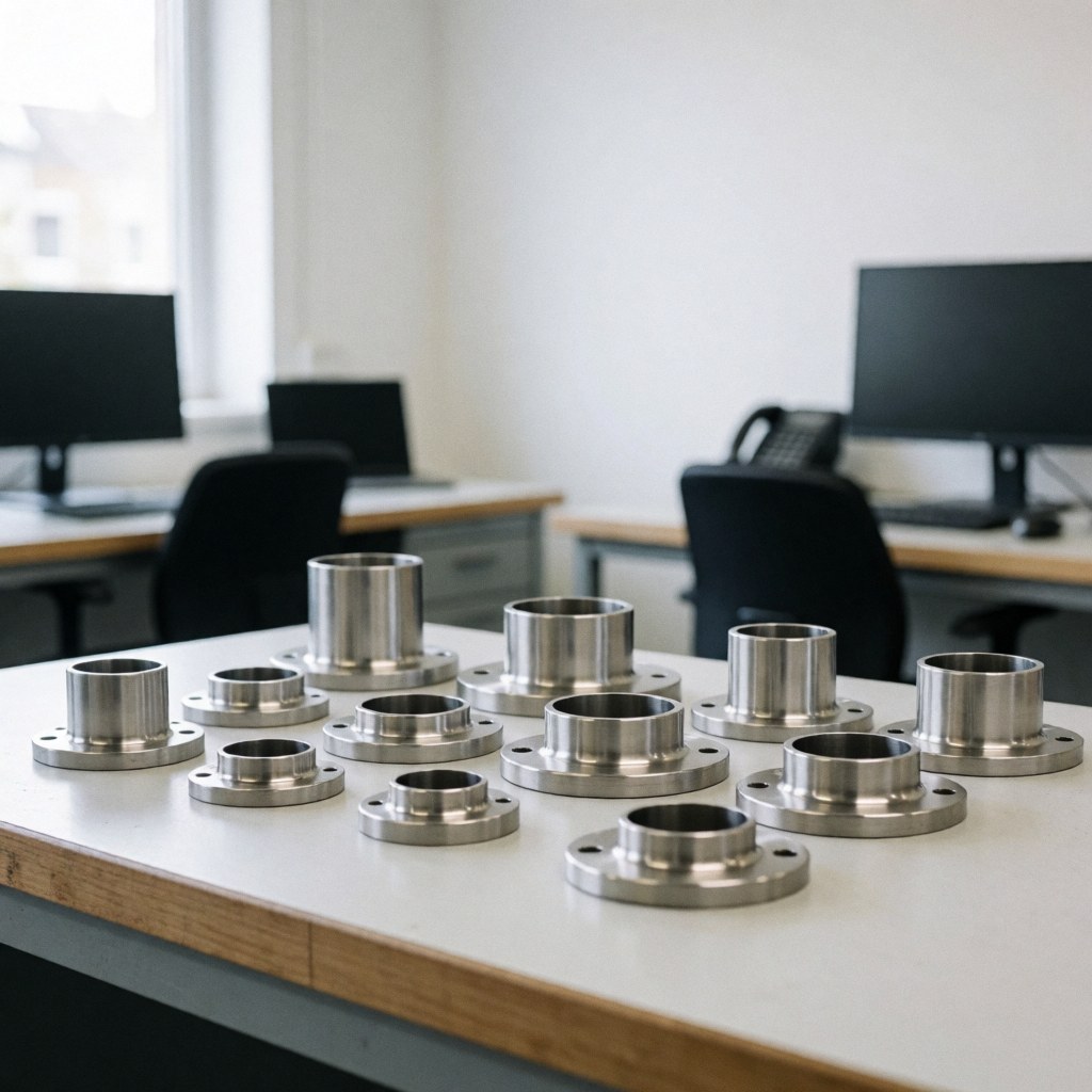 Des brides métalliques polies posées sur une table de travail dans un bureau propre, adaptées à l'industrie du gaz.
