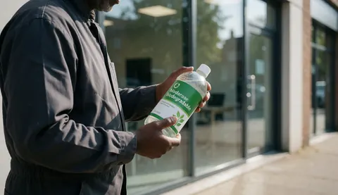 Un travailleur tient un détergent biodégradable devant une façade vitrée éclairée par la lumière naturelle pour des services de nettoyage.