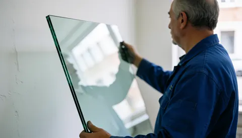 Un homme en uniforme bleu tient un grand panneau de verre transparent devant un mur blanc avec un reflet visible, illustrant un service de vitrerie professionnel en action.