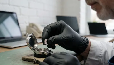 Technicien en gants noirs insérant une pile dans un boîtier de montre sur une table de travail en bois avec un mur en briques blanches en arrière-plan.
