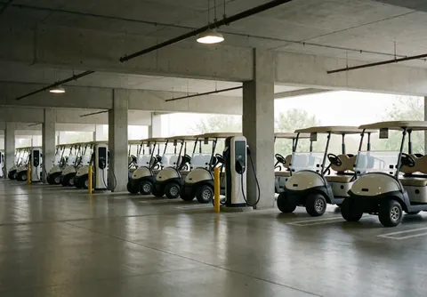 Parking couvert abritant des voitures de golf blanches alignées et des stations de charge modernes, idéal pour un complexe de golf.
