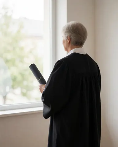 Une diplômée de dos, vêtue d'une robe noire et tenant un diplôme roulé, regarde par une fenêtre baignée de lumière naturelle, dans un intérieur aux murs neutres.