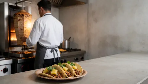 Chef préparant des tacos avec de l'ananas et de la coriandre dans une cuisine professionnelle aux tons chaleureux.