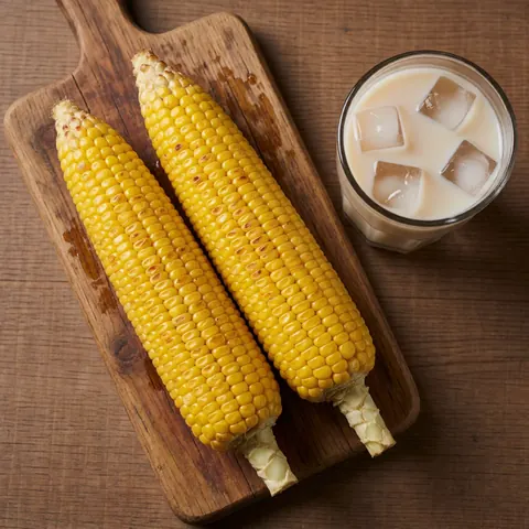 Vue de dessus de deux épis de maïs grillés accompagnés d'un verre d'horchata glacée posés sur une planche en bois, illustrant une collation de rue sucrée et rafraîchissante.