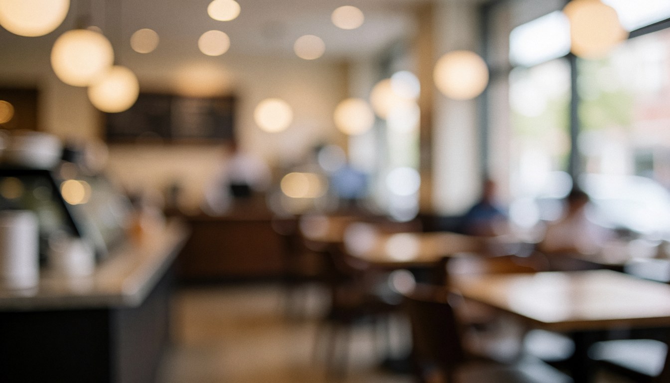 Arrière-plan de café avec tables, chaises et lumières suspendues floues, idéal pour texte ou logo