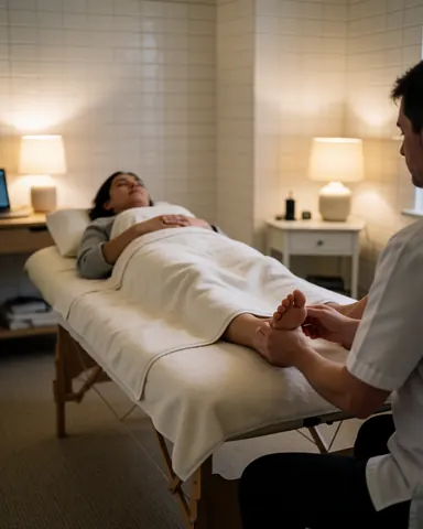 Un thérapeute effectue un massage des pieds sur un client allongé sur une table dans un salon aux murs carrelés et à l'éclairage chaleureux.