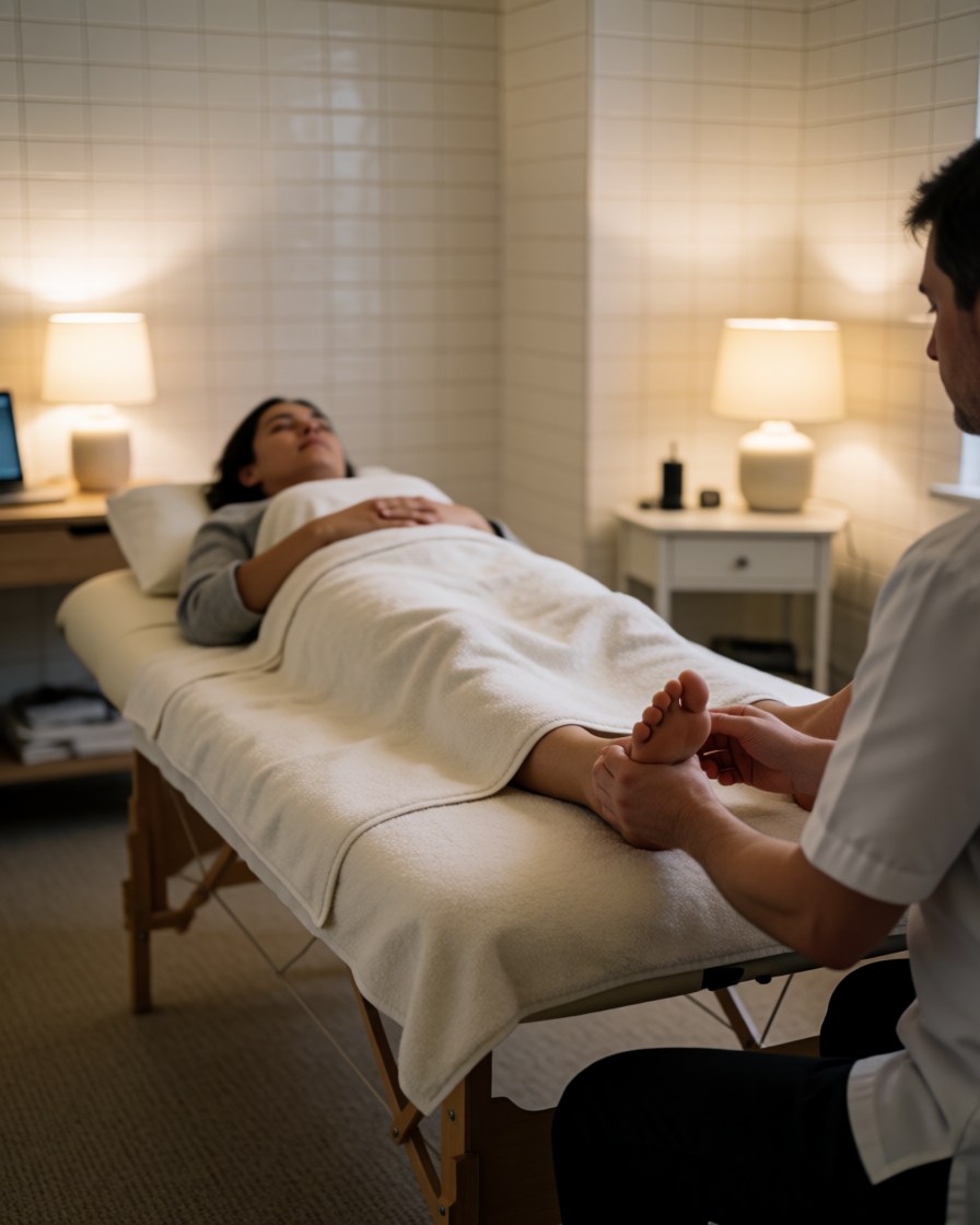 Un thérapeute effectue un massage des pieds sur un client allongé sur une table dans un salon aux murs carrelés et à l'éclairage chaleureux.