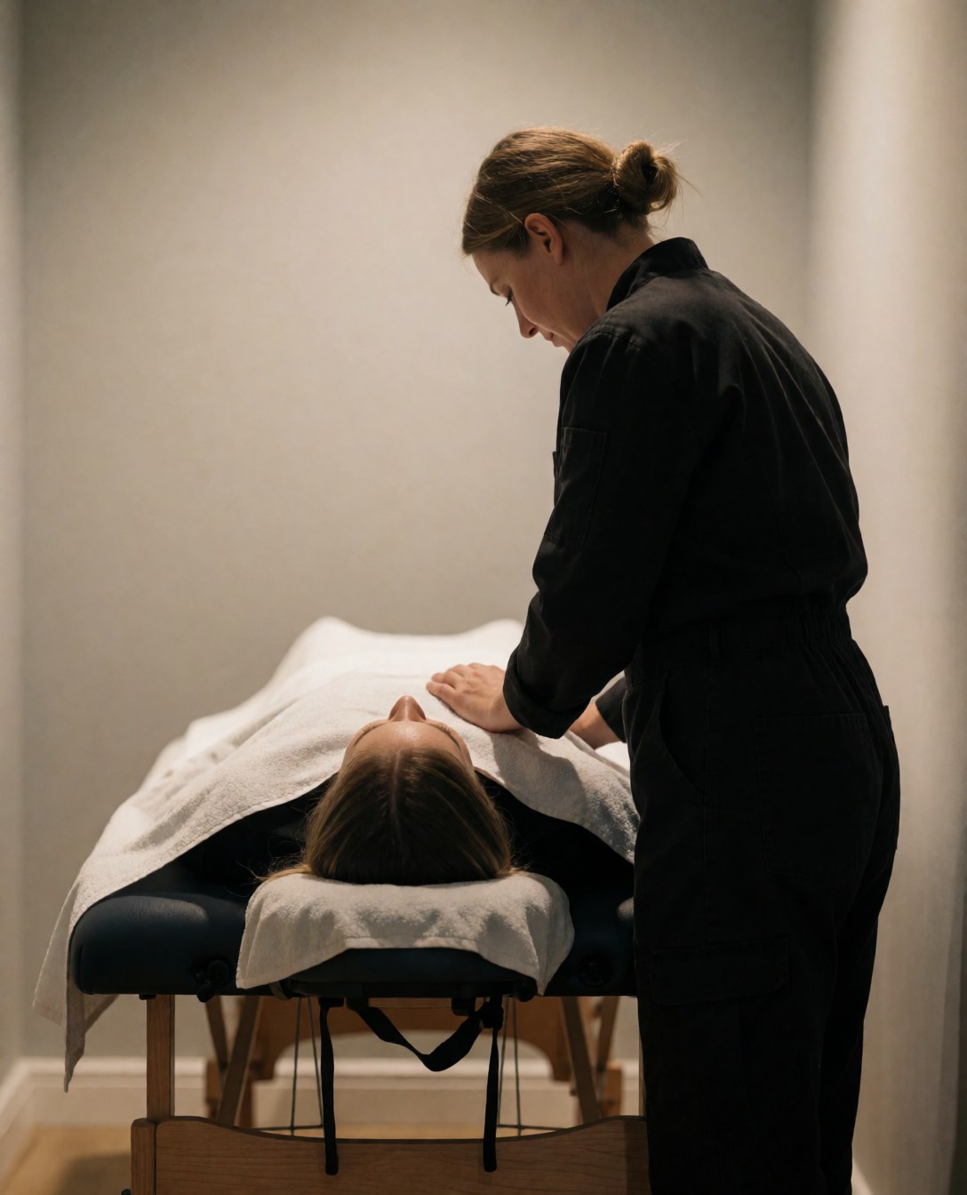 Un masseur professionnel réalise un massage corporel sur une table de massage avec un client couvert, dans un salon aux murs gris et à la lumière chaude.