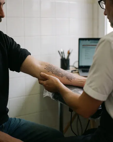Une cliente exhibe un tatouage fin sur son bras, tandis que le tatoueur travaille avec ses outils dans un studio aux murs carrelés blancs.