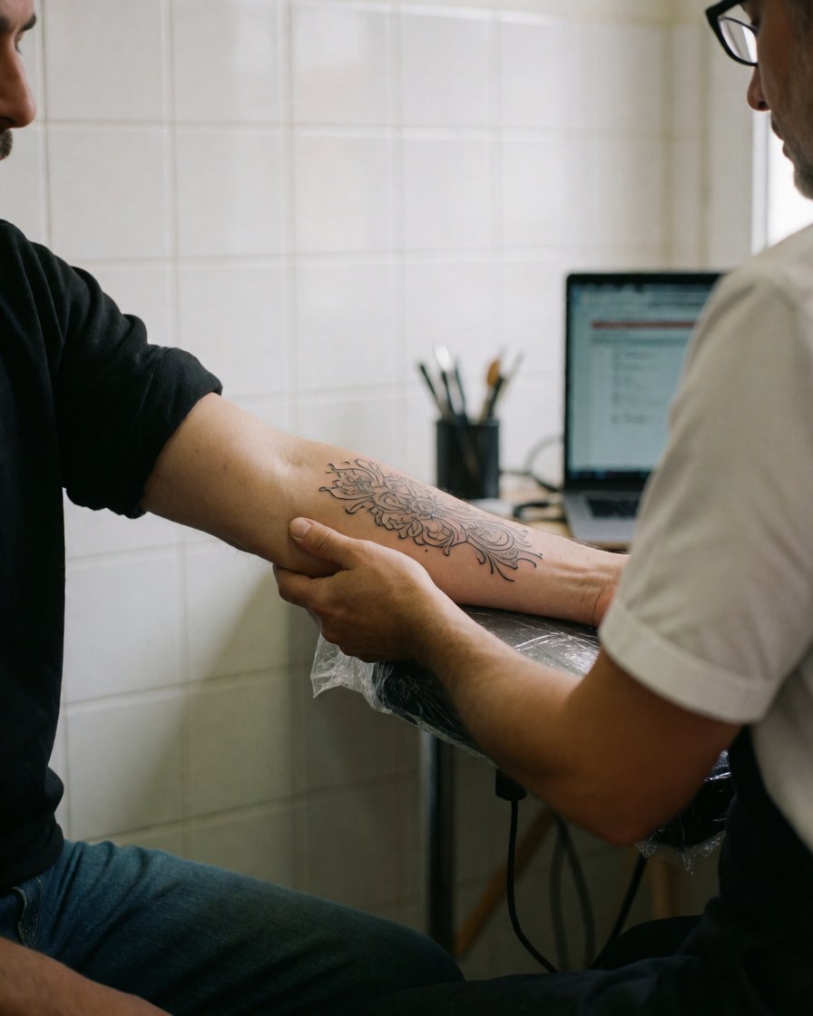 Une cliente exhibe un tatouage fin sur son bras, tandis que le tatoueur travaille avec ses outils dans un studio aux murs carrelés blancs.