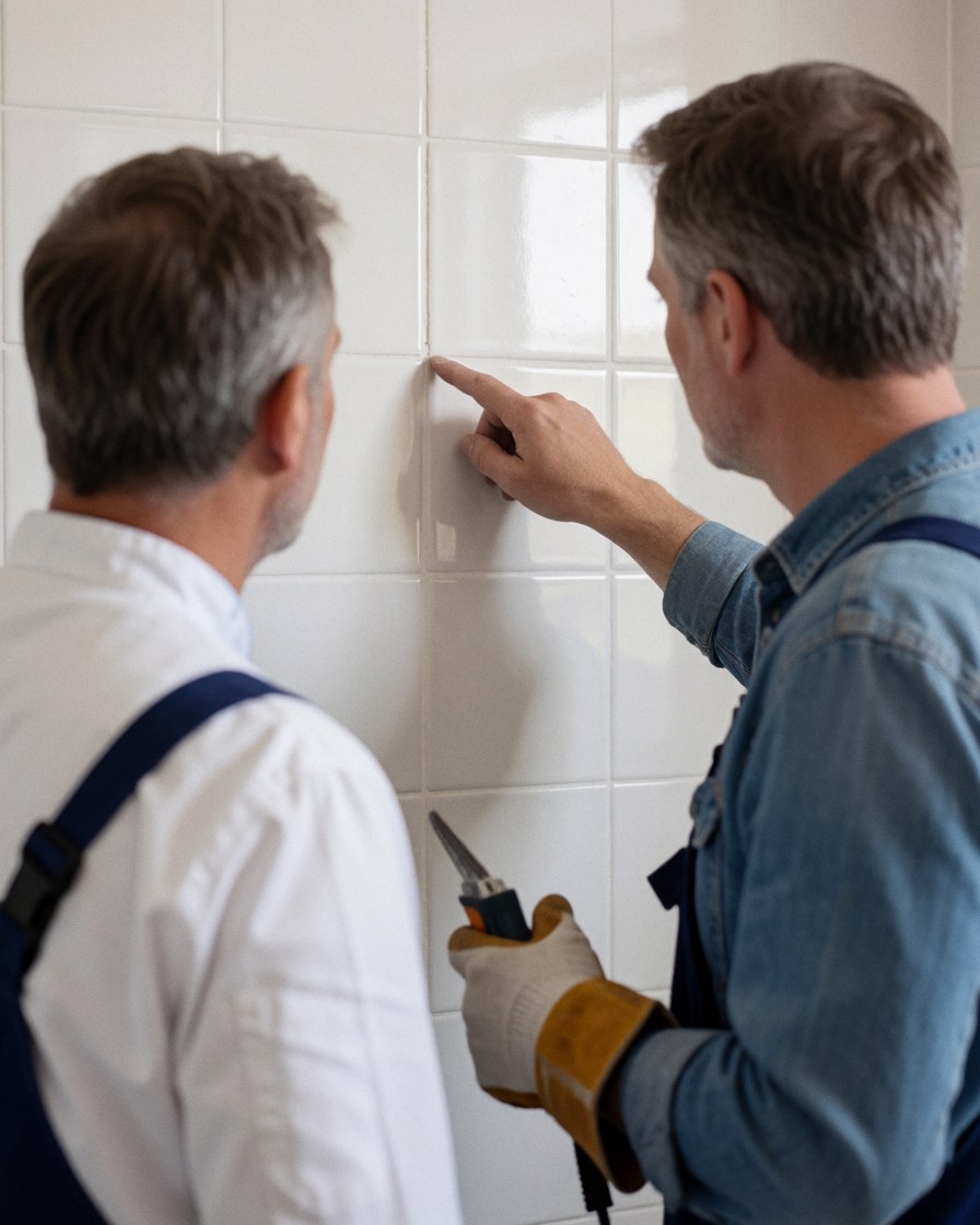 Un maçon en gants désigne un joint de carrelage blanc sur un mur de salle de bain pendant l'inspection finale sous un éclairage doux.