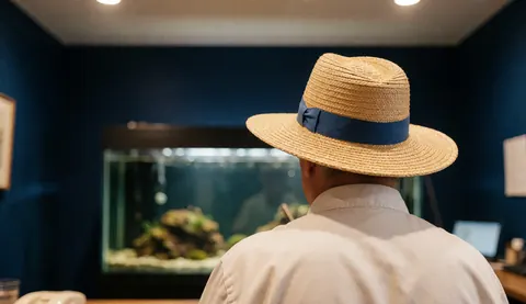 Un homme de dos portant un chapeau de paille observe un grand aquarium dans une pièce aux murs bleu foncé, idéal pour un commerce aquatique.