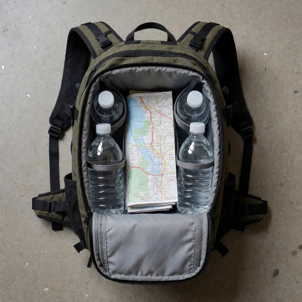 Sac à dos ouvert posé sur une surface en béton, contenant des cartes et des bouteilles d'eau, évoquant la préparation pour un voyage ou une exploration urbaine.
