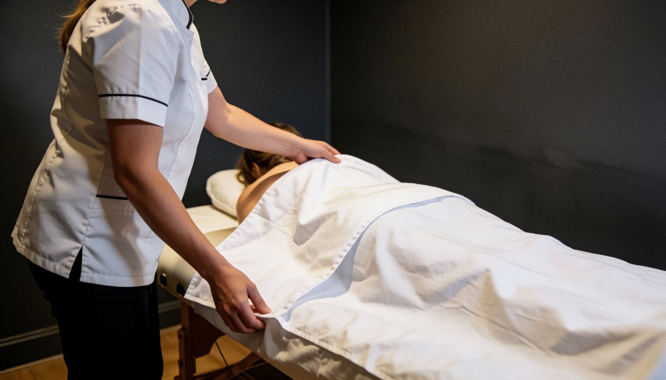 Un thérapeute ajuste les draps blancs sur une table de massage dans un salon avec des murs gris et un éclairage chaleureux.