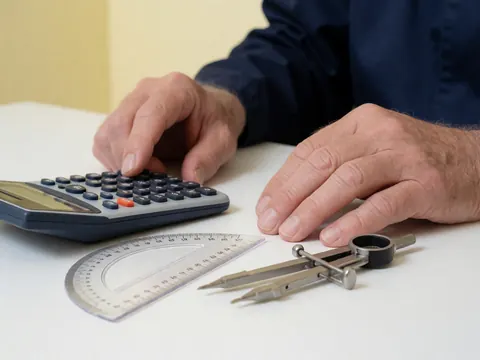 Mains d'adulte manipulant une calculatrice, un rapporteur et un compas de géométrie sur une table blanche avec fond crème pour papeterie.
