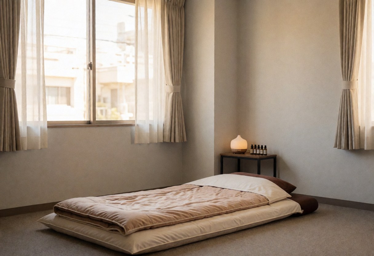 Salle de shiatsu calme et lumineuse avec un futon plié, un diffuseur d'aromathérapie et des bouteilles d'huile essentielles sur une table.