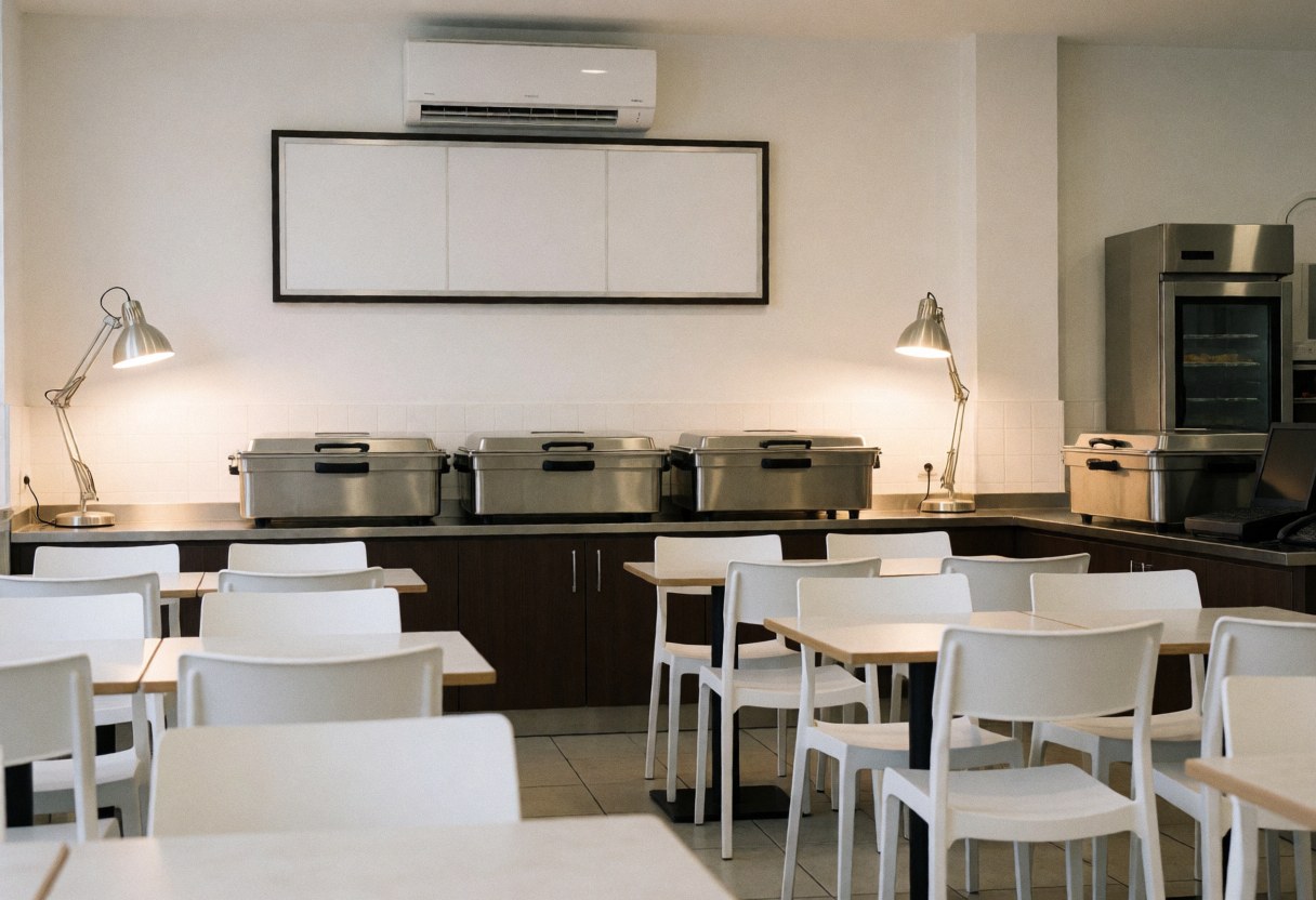 Cafétéria vide équipée de fours en acier inoxydable, de tables et chaises blanches, de climatiseurs et d'éclairages de bureau, idéale pour un parc aquatique.