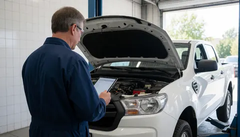 Mécanicien en uniforme examine le moteur d'une camionnette blanche à l'aide d'une tablette dans un atelier aux murs carrelés.