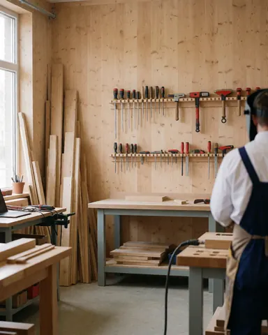 Menuisier portant un tablier travaillant dans un atelier avec des outils et des planches de bois, des murs en bois et une lumière naturelle.